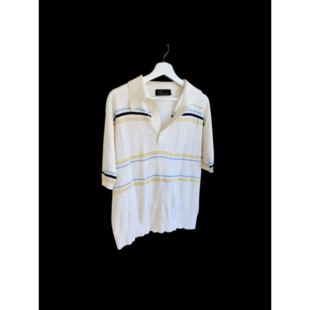 Vintage 70's JC Penney Acrylic‎ Sweater Polo Sz Large Cream Striped